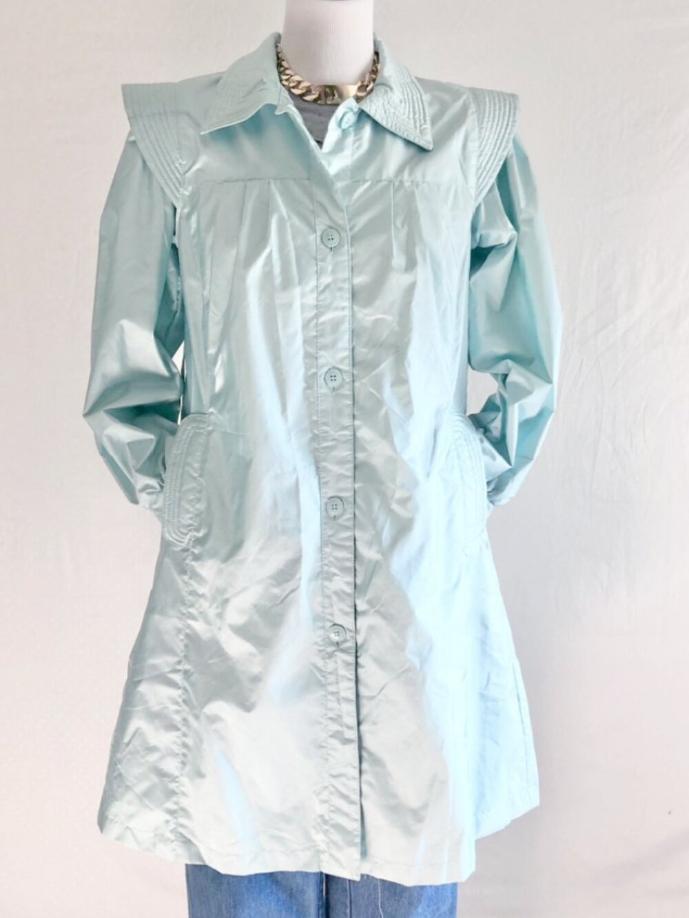 Vintage 80s Silver Unicorn Pastel Aqua Raincoat Girls Size 14